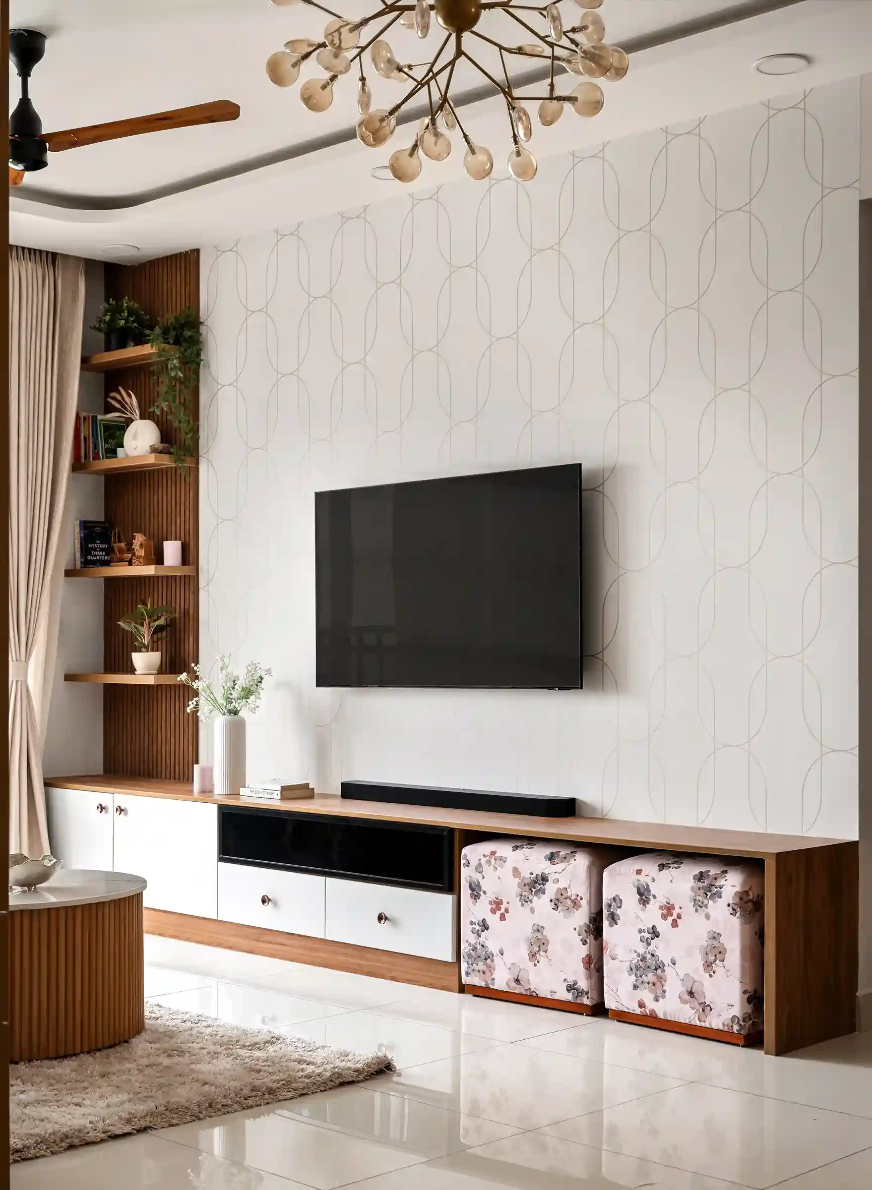 A functional TV unit Interior Design with built-in storage in Bangalore by Interiosplash interior design company