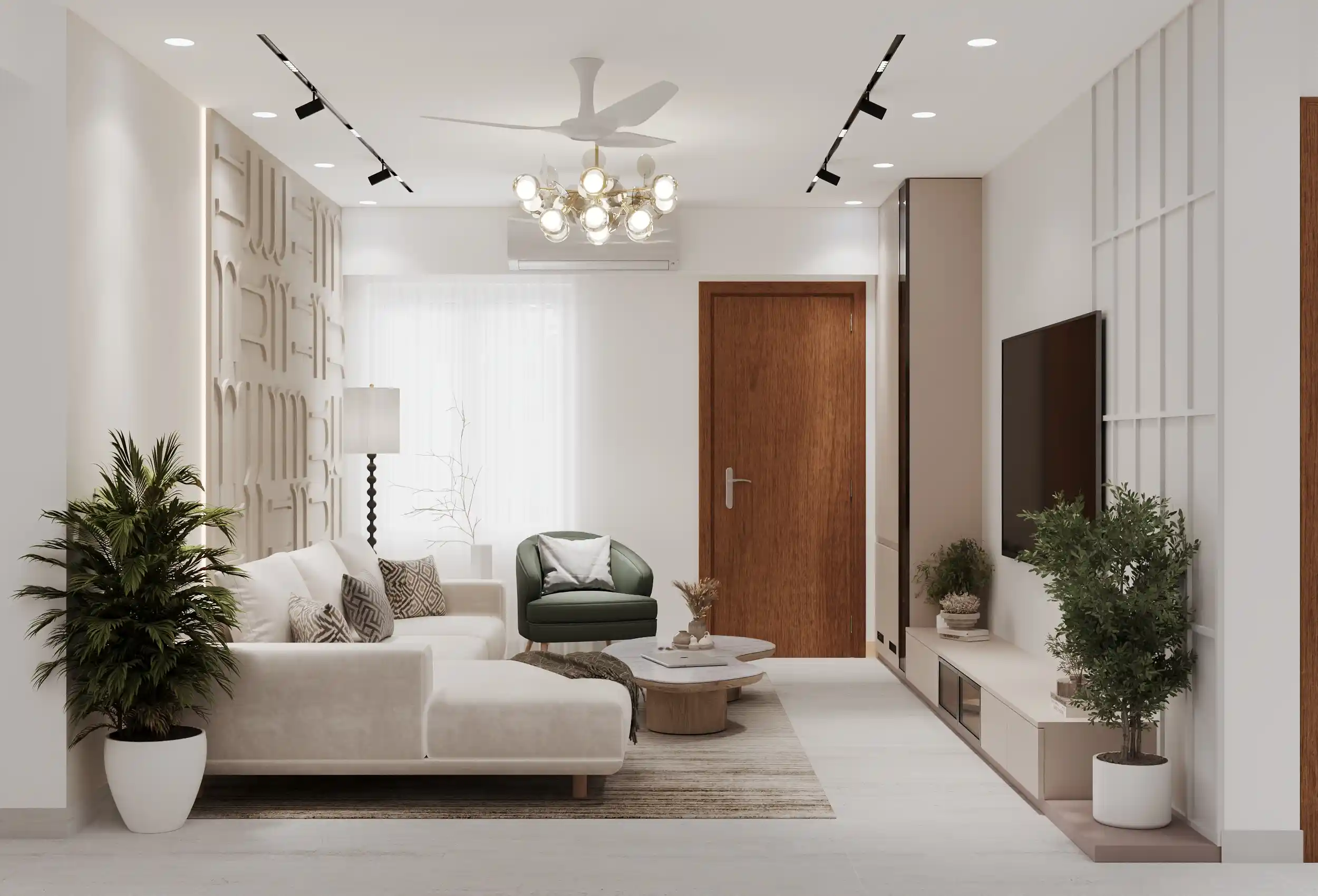 A modern living room Interior Design with indoor plant unit in Bangalore by Interiosplash Interior Design Company