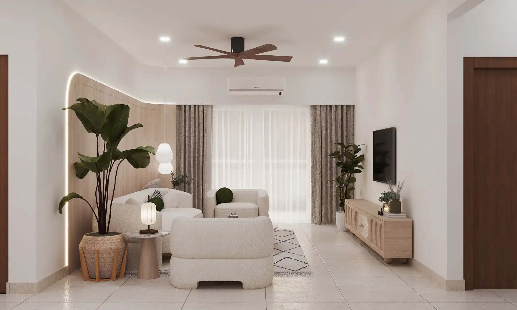 A modern living room Interior Design with white sofas in Bangalore by Interiosplash Interior Design Company