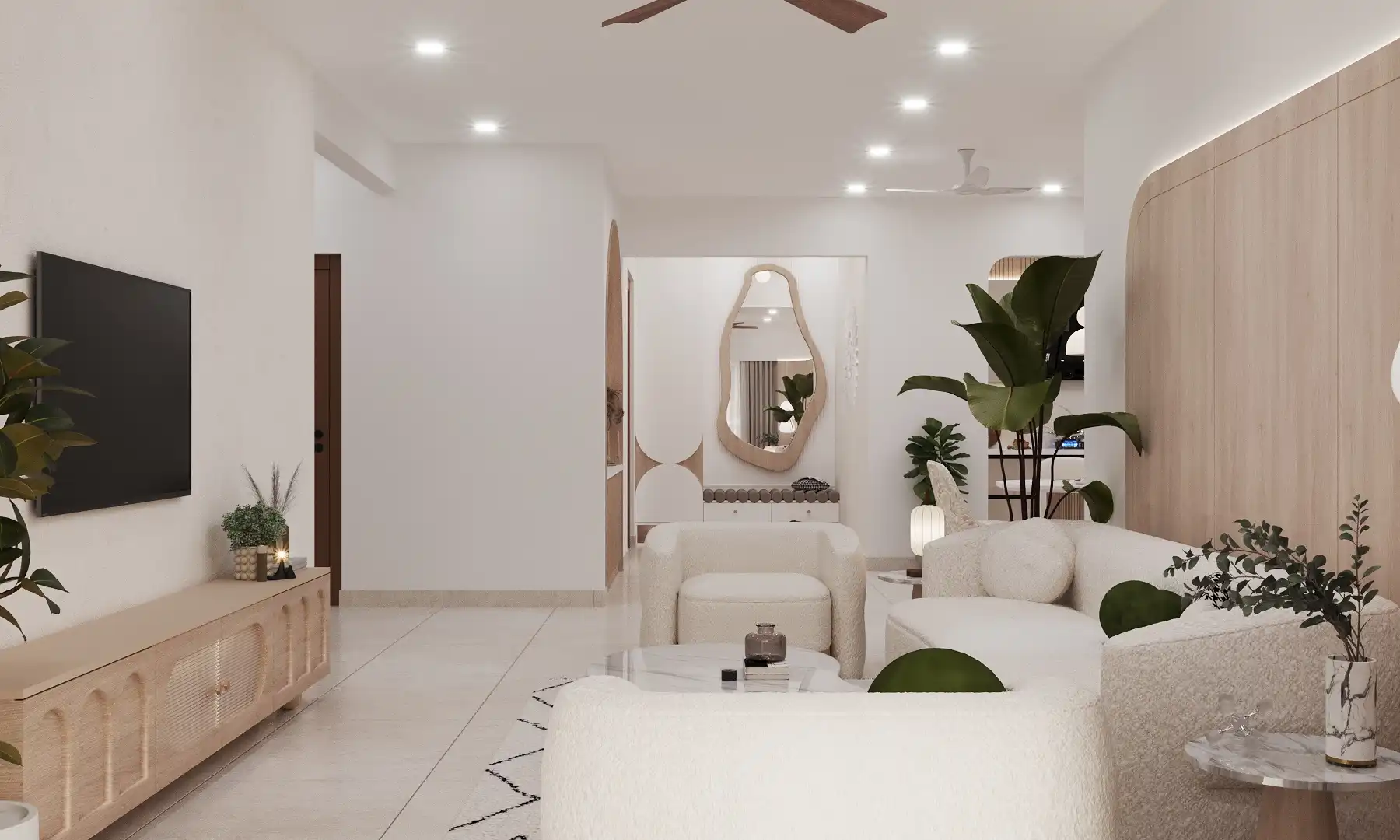 A modern living room Interior Design with mirror in Bangalore by Interiosplash Interior Design Company