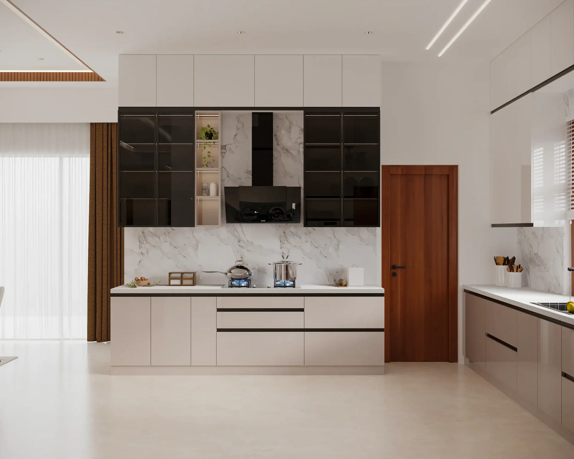 Modern kitchen with sleek, dark cabinets, marble backsplash, a cooking pot on the stove, and a warm wooden door. Bright and inviting space.