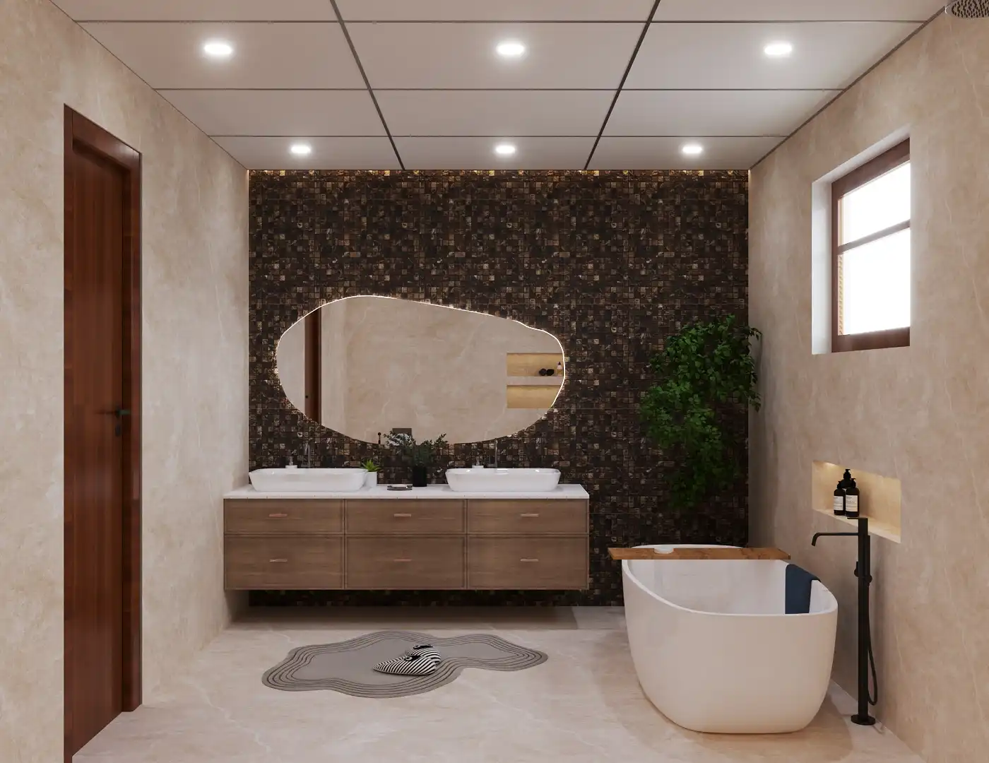 A modern bathroom Interior Design with a large mirror in Bangalore by Interiosplash Interior Design Company