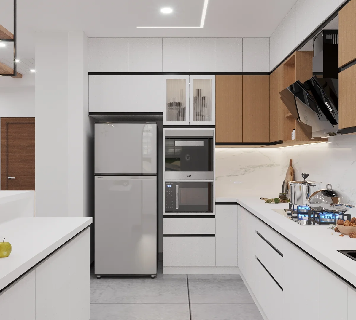 A modern kitchen Interior Design with wooden panel and a fridge by Interiosplash Interior Design Company