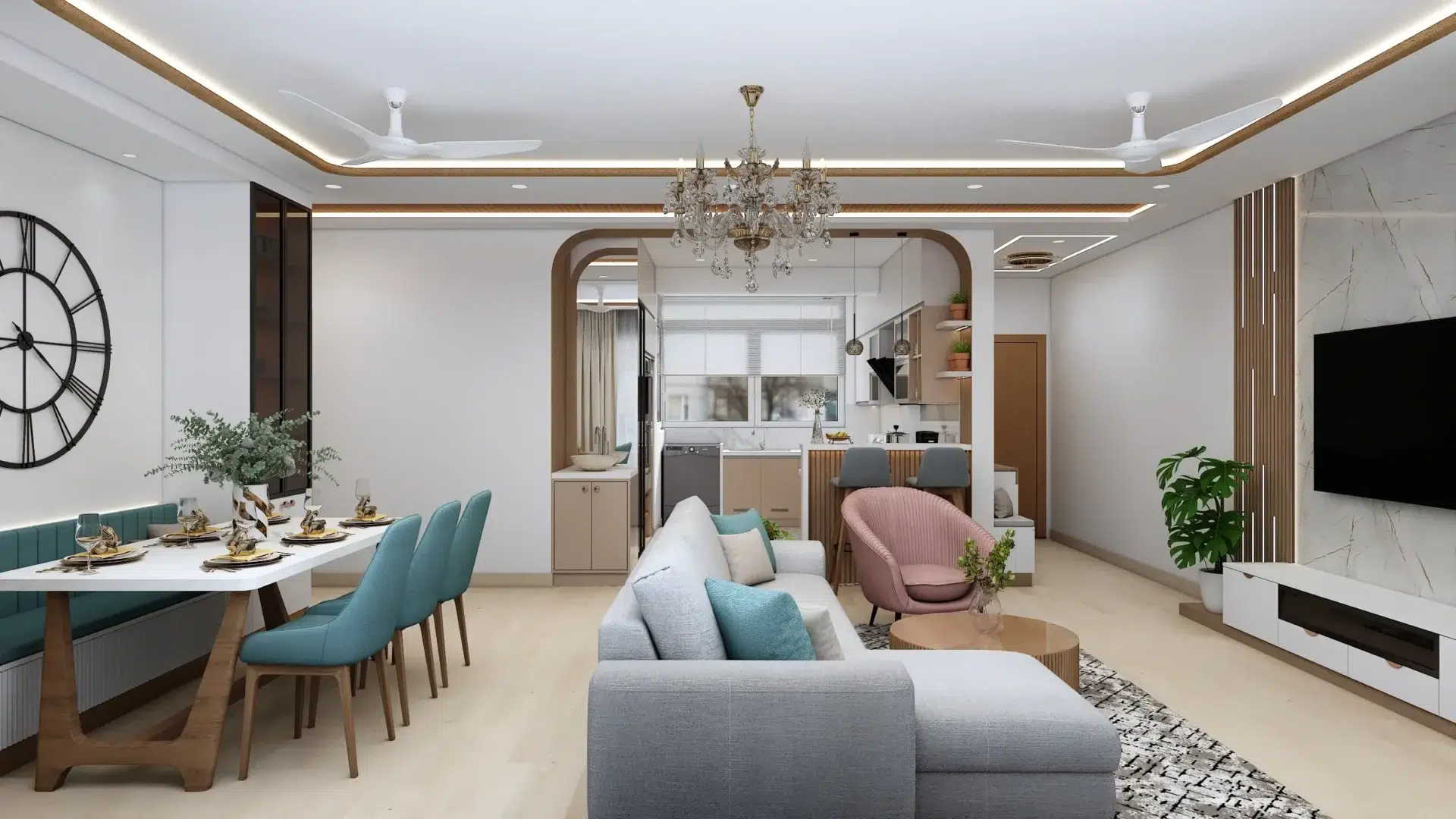 Modern open-concept living space featuring a cozy sofa, dining table, chandelier, and sleek kitchen with stylish decor.