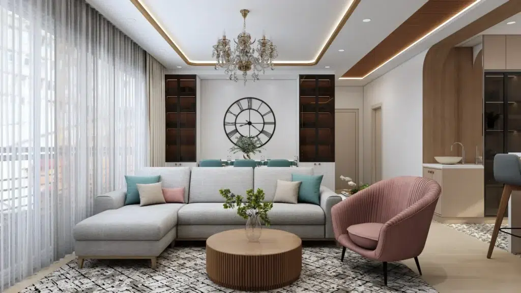 modern living room interiors with sofa unit & false ceiling with customized tea table with chair