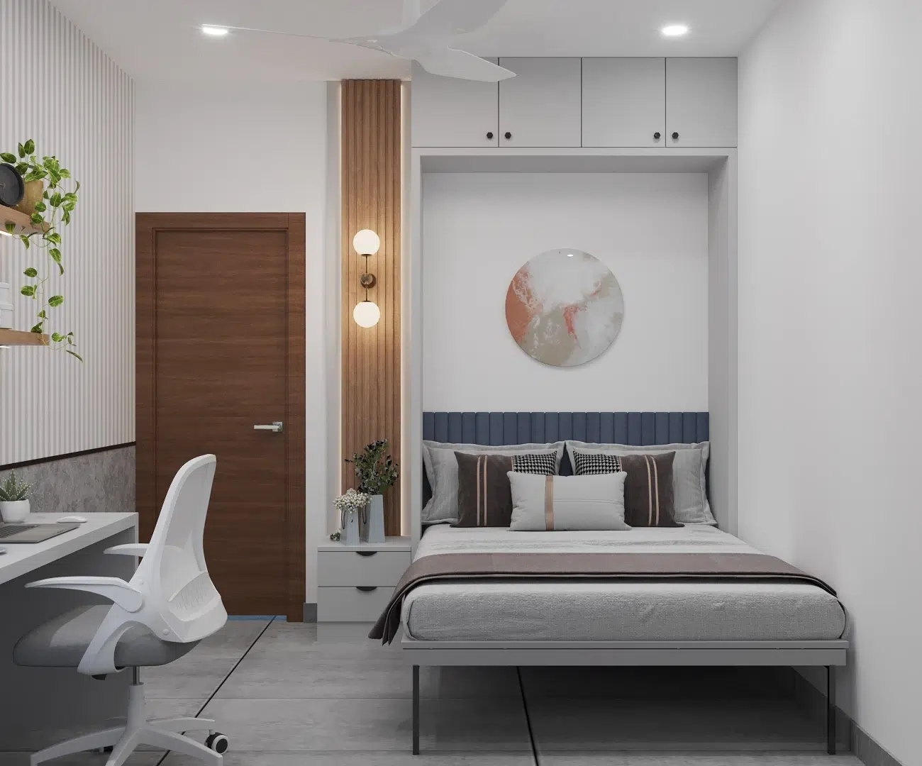 A modern bedroom featuring a double bed with decorative pillows, a stylish desk, and a wooden door, all accented by warm lighting.