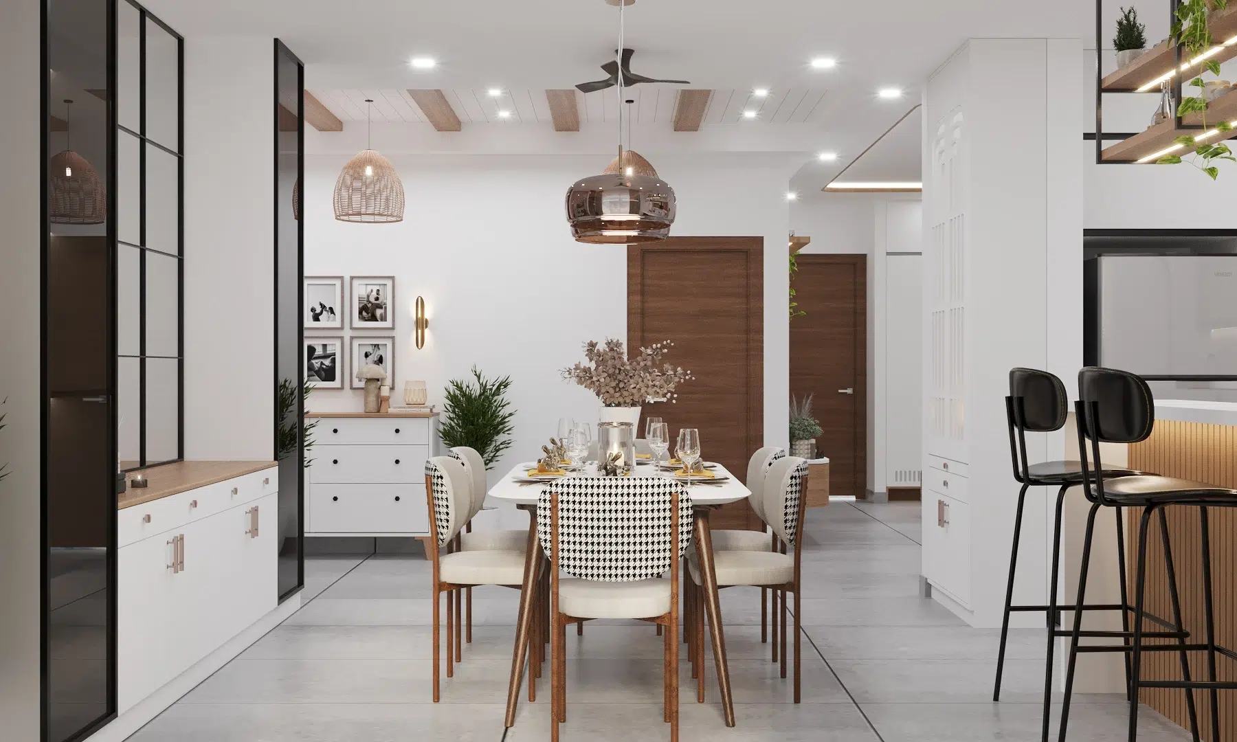 A modern dining area featuring a stylish table, patterned chairs, warm lighting, and tasteful decor, enhancing an inviting atmosphere.