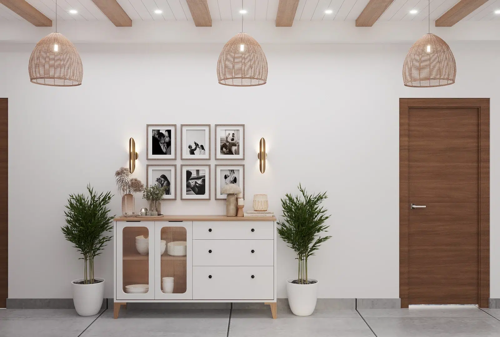 Bright and modern hallway featuring a console table, framed photos, potted plants, and woven pendant lights against white walls.